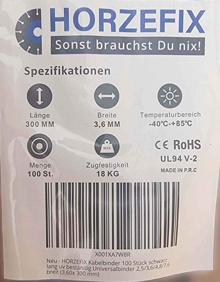 HorzeFix Kabelbinder 100 Stück schwarz uv beständig Universalbinder 2,5/3,6/4,8/7,6 breit