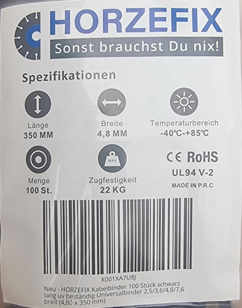 HorzeFix Kabelbinder 100 Stück schwarz uv beständig Universalbinder 2,5/3,6/4,8/7,6 breit