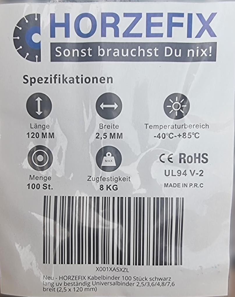 HorzeFix Kabelbinder 100 Stück schwarz uv beständig Universalbinder 2,5/3,6/4,8/7,6 breit