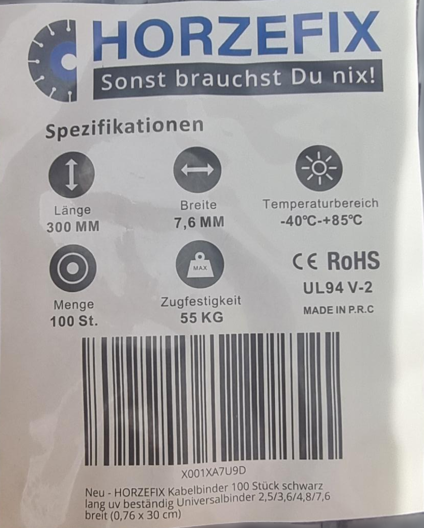 HorzeFix Kabelbinder 100 Stück schwarz uv beständig Universalbinder 2,5/3,6/4,8/7,6 breit