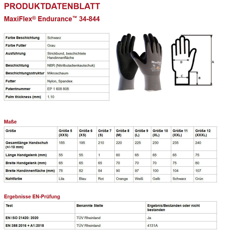 34-844 Endurance ATG MaxiFlex Strick-Nylon-Nitril-Noppen 144 Paar Gr 6-12