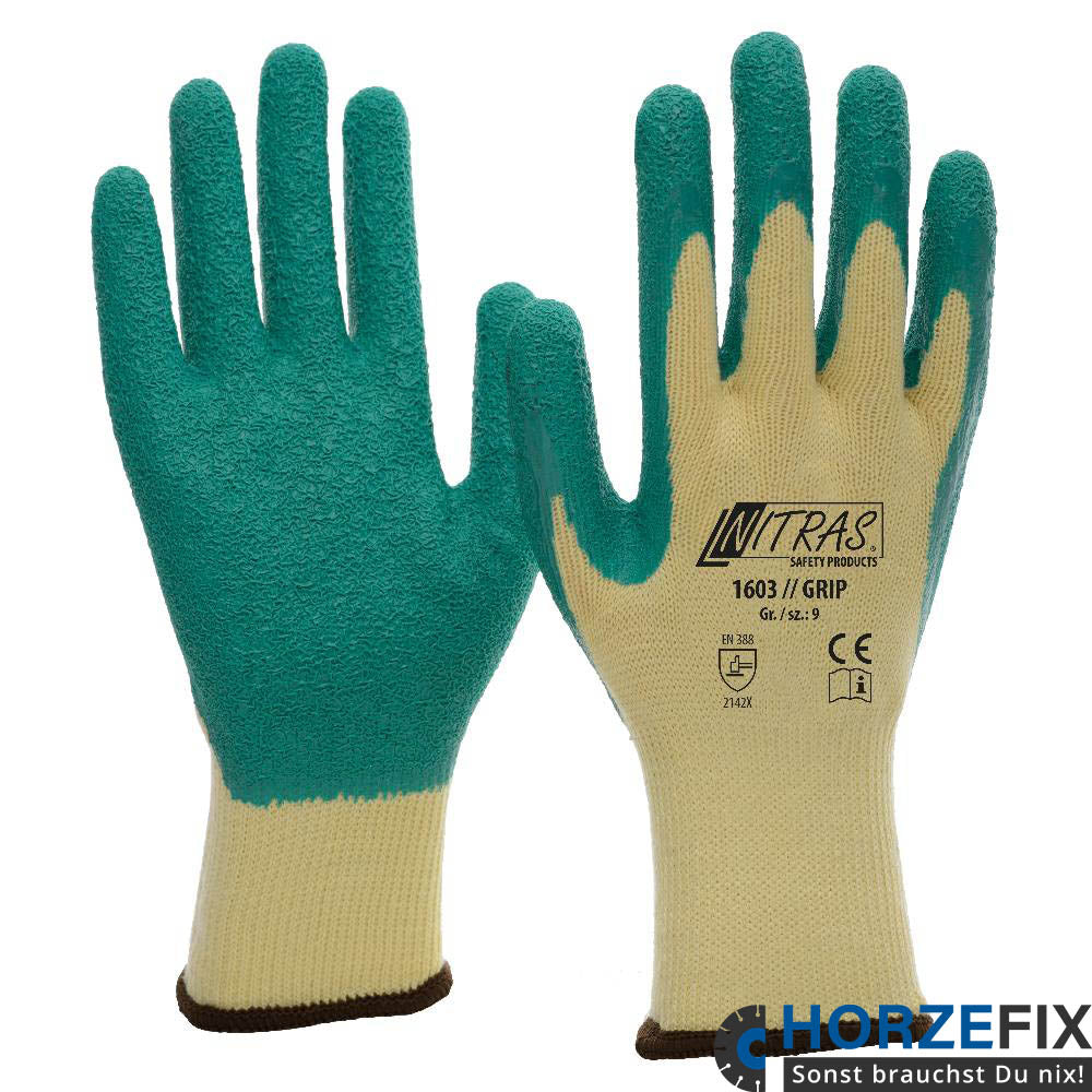 Nitras Grip Latexhandschuh grĂĽn schrumpfgeraut nach EN388 Gr. 8-11