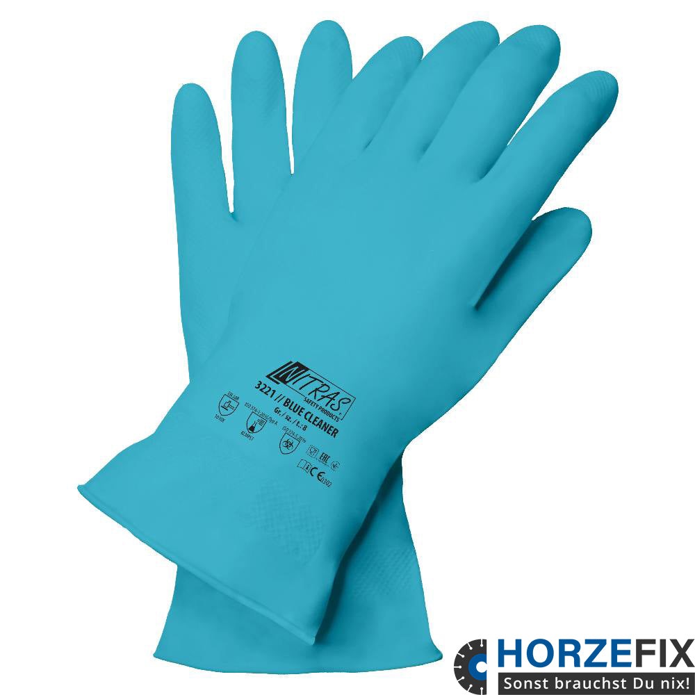 Nitras BLUE CLEANER Chemiekalienschutzhandschuhe Latex blau für Lebensmittelkontakt EN 388 EN ISO 374-1:2016 EN ISO-5:2016 Gr. 7-10