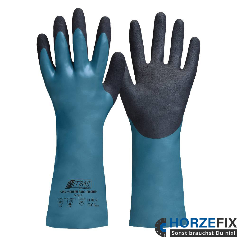 Nitras GREEN BARRIER GRIP Chemiekalienschutzhandschuhmit zweifacher gesandetes Nitril Beschichtung für Lebensmittelkontakt Gr. 8-11