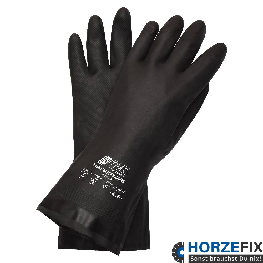Nitras BLACK BARRIER Chemiekalienschutzhandschuh Chloropren schwarz fĂĽr Lebensmittelkontakt EN 388 EN ISO 374-1:2016 EN ISO 374-5:2016 Gr. 7-11