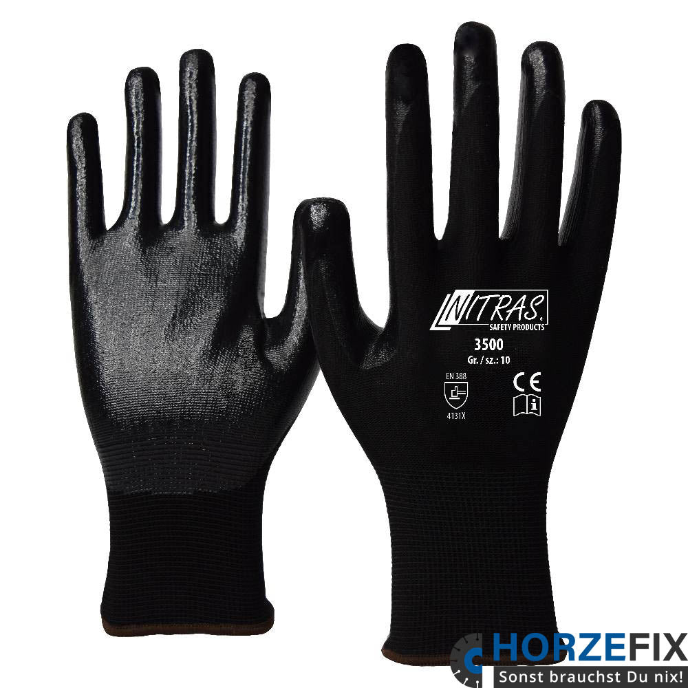 Nitras Nylonhandschuh schwarz mit Nitril Teilbeschichtung auf Innenhand und Fingerkuppen EN 388 Gr. 7-11