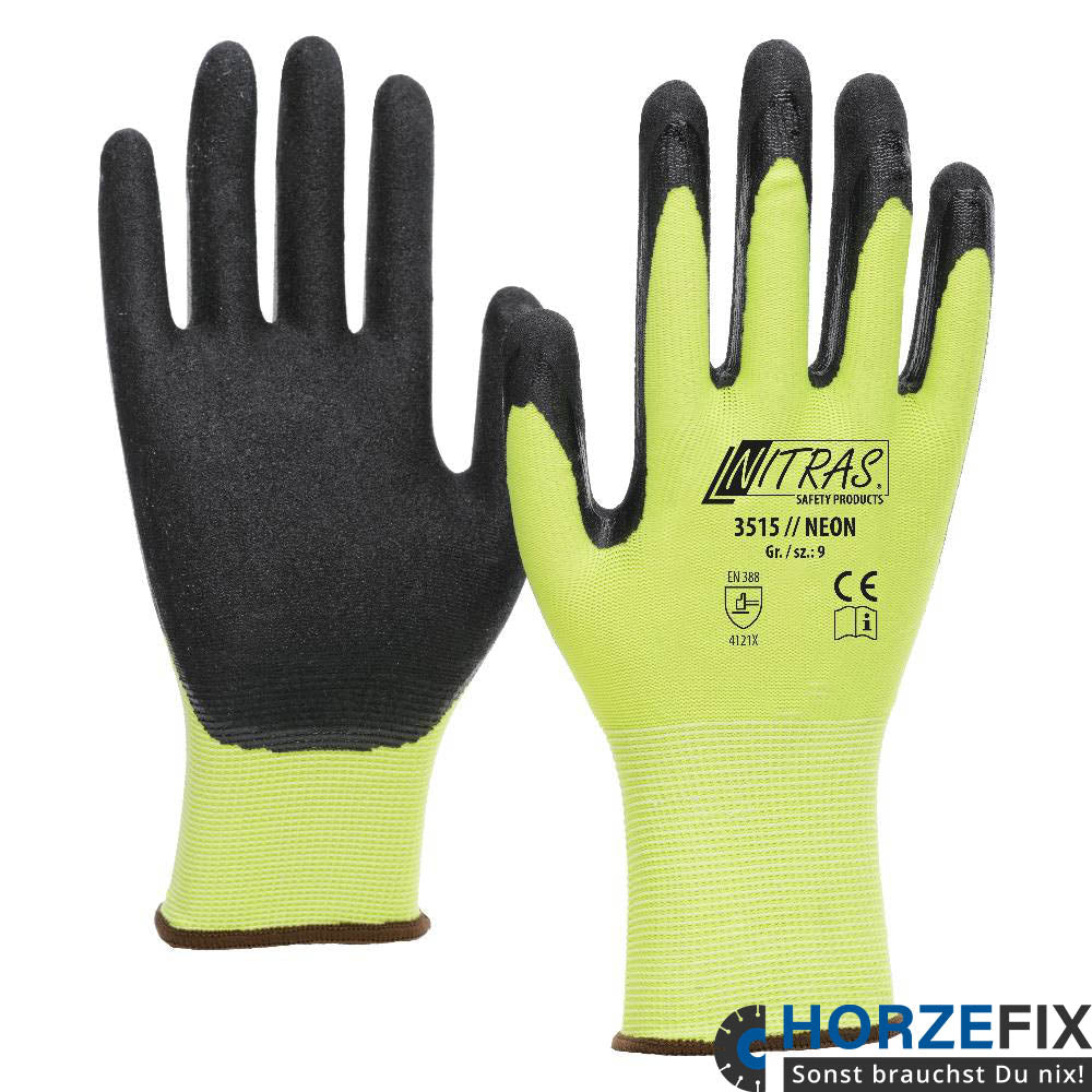 NEON Nitras Polyesterhanschuh neongelb mit gesandete Nitrilbeschichtung nach EN 388 Gr. 7-12