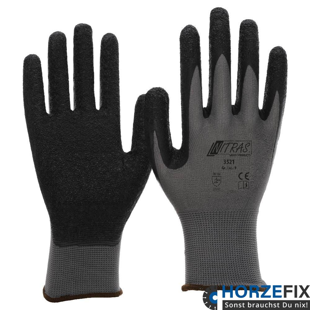 Nitras Nylonhandschuh grau schrumpfgeraut mit Latexbeschichtung nach EN388 Gr. 7-12