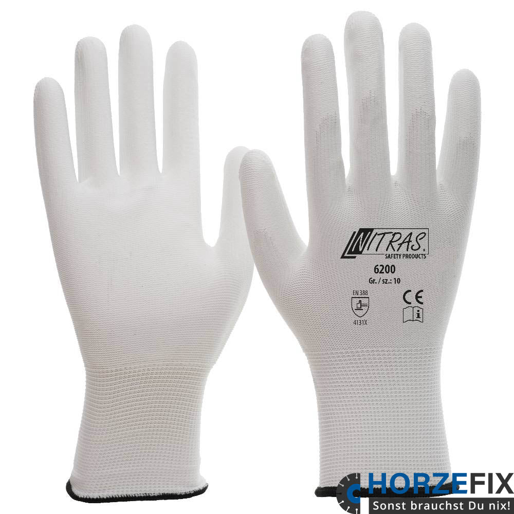 Nitras Nylonhandschuh weiß Teilbeschichtet auf Innenhand und Fingerkuppen nach EN 388 Gr. 6-11