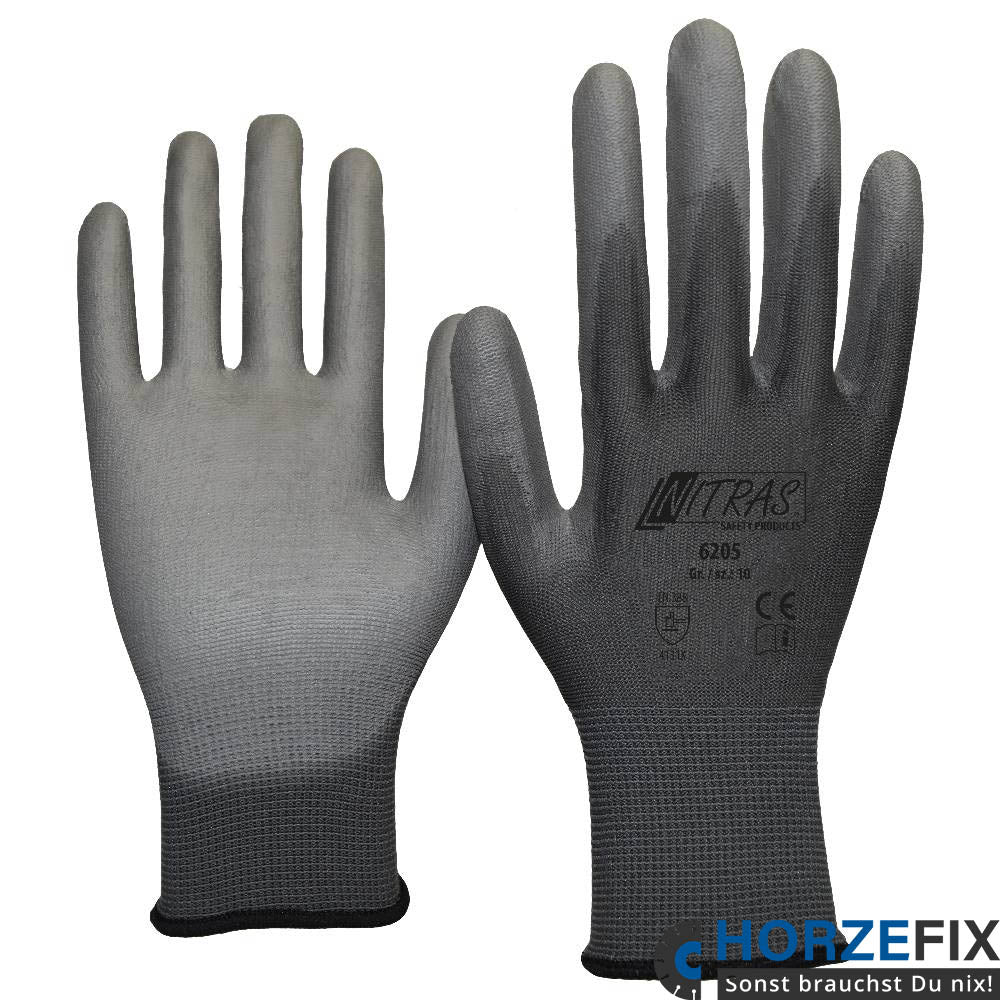 Nitras Nylon grau PU-Teilbeschichtet auf Innenhand und Fingerkuppen nach EN 388 Gr. 6-11