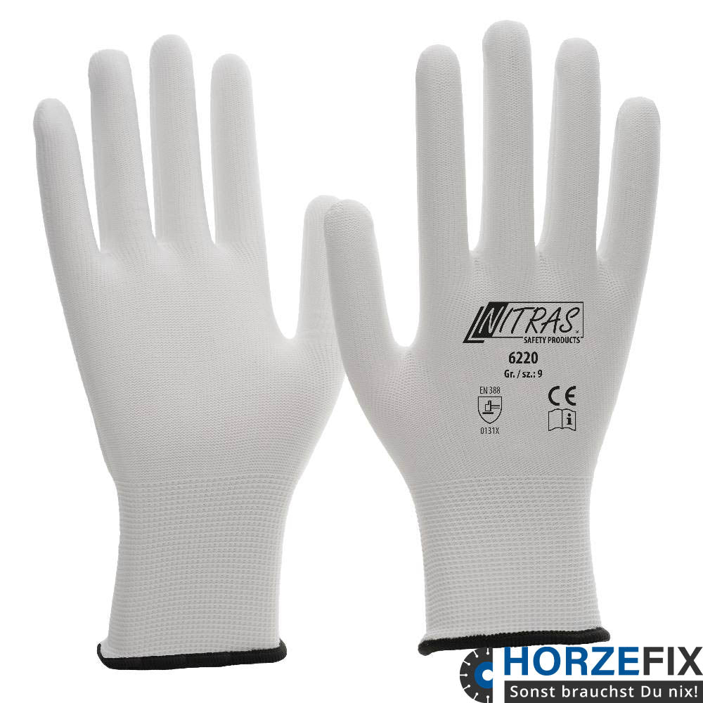 Nitras Nylonhandschuh weiß ohne Beschichtung nach EN 388 Gr. 6-10