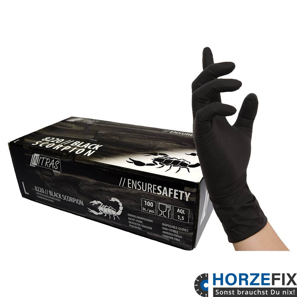Nitras TOUGH GRIP N 300 Latex schwarz Einweghandschuhe puderfrei Lebensmittkontakt EN ISO 374-1:2016 EN ISO 374-5:2016 Gr XS-XL