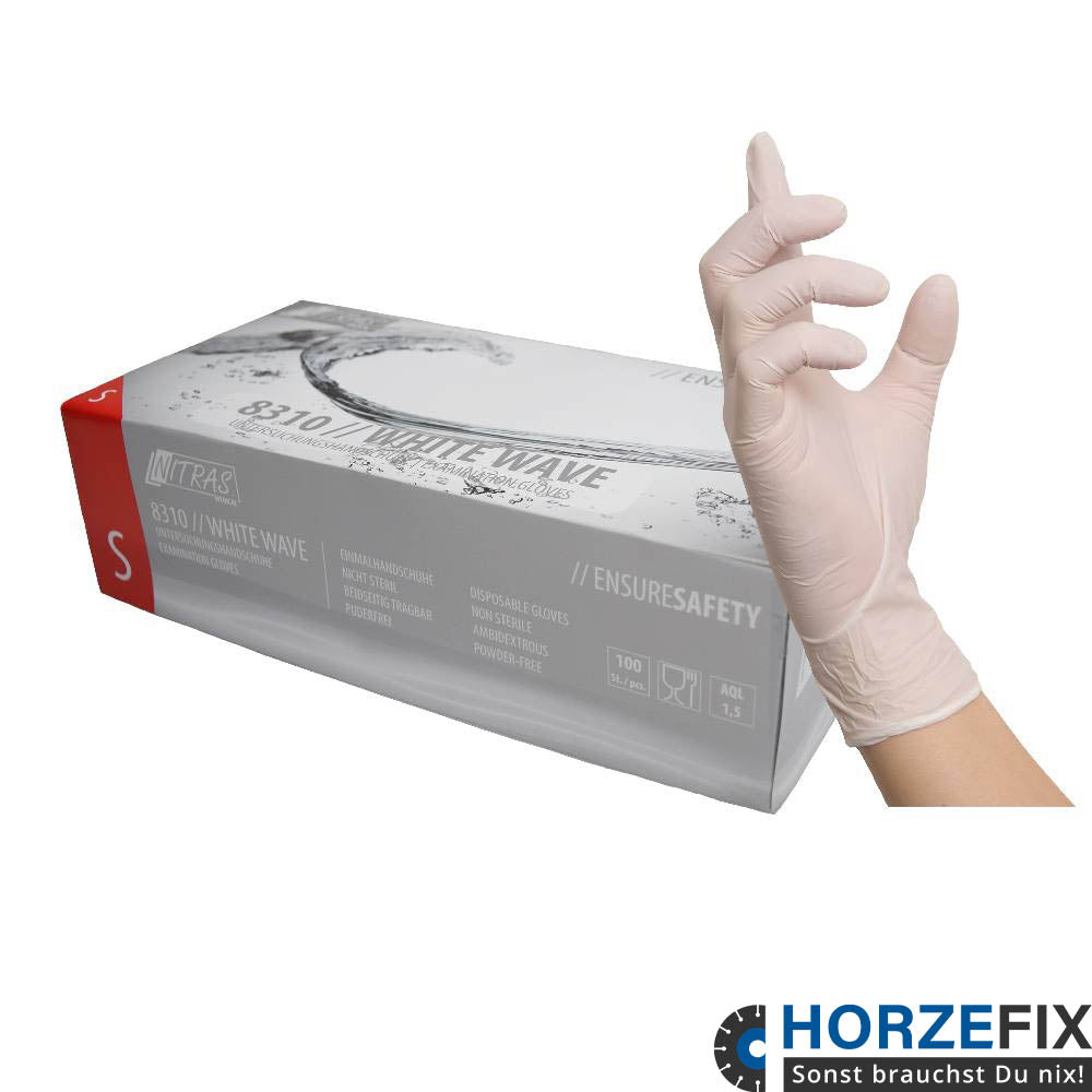 8310 Nitras white wave nitril Einmalhandschuhe puderfrei weiĂź reiĂźfest 10 Boxen je 100 StĂĽck Gr. XS-XL horzefix