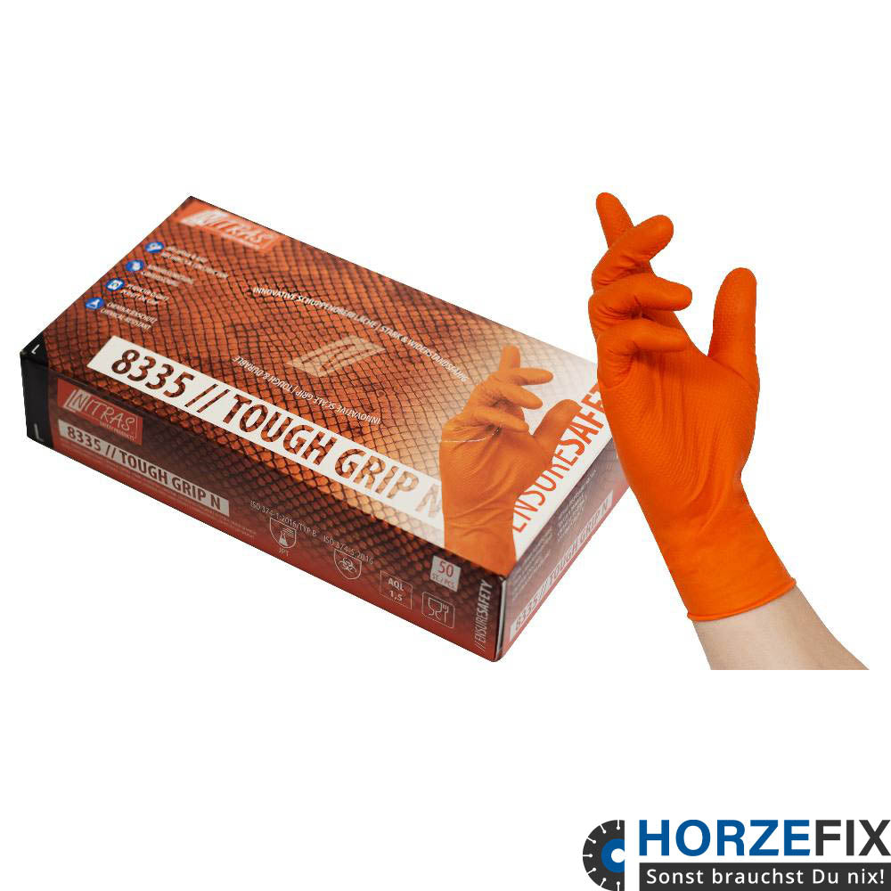 8335 Nitras Tough Grip N 300 Nitril orange Einmalhandschuh puderfrei 1 Box 50 StĂĽck Gr S-2XL horzefix