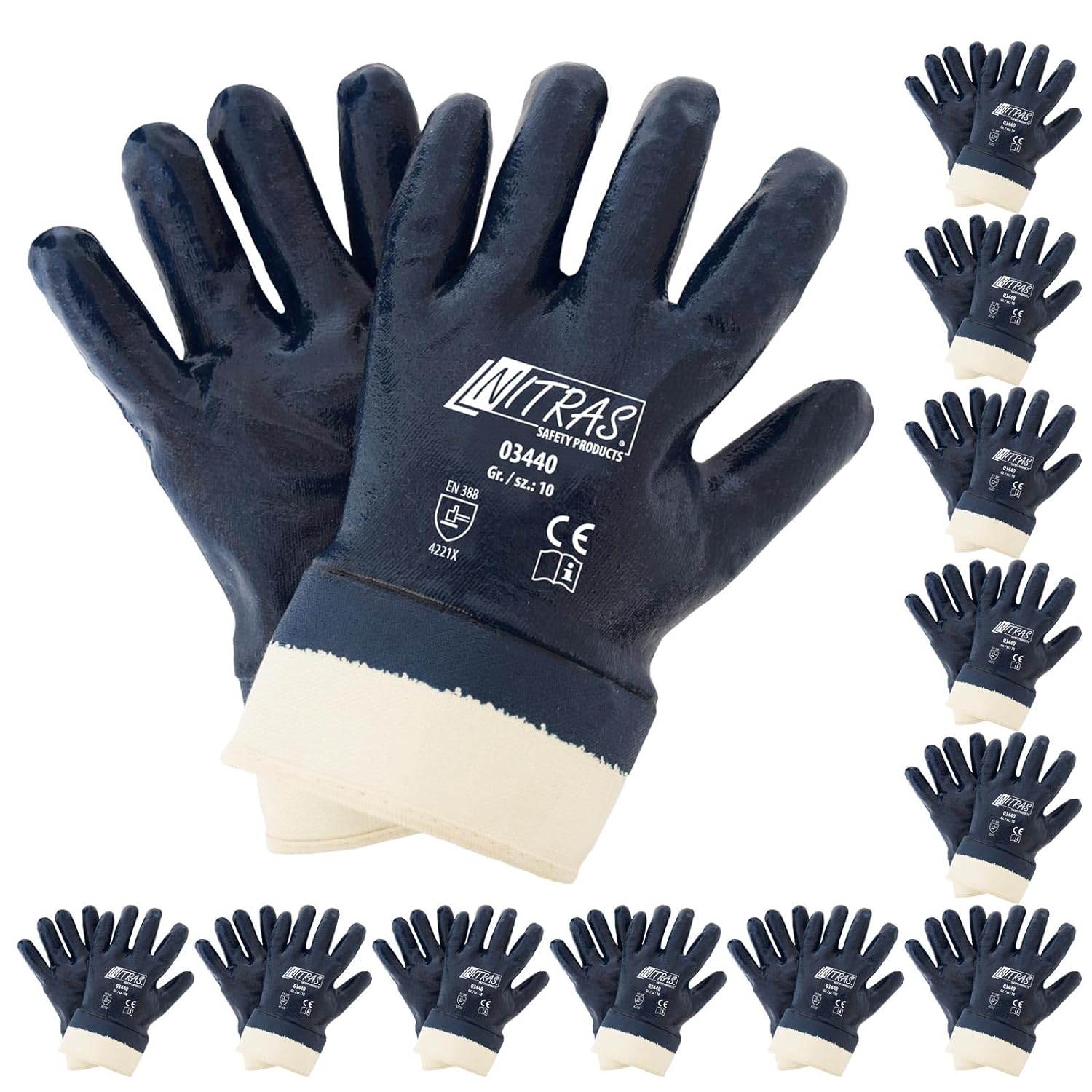 03440 Nitras Baumwoll-Jersey Handschuh Nitril-Vollbeschichtung Segeltuch 12 Paar Gr 8-11 Nitras