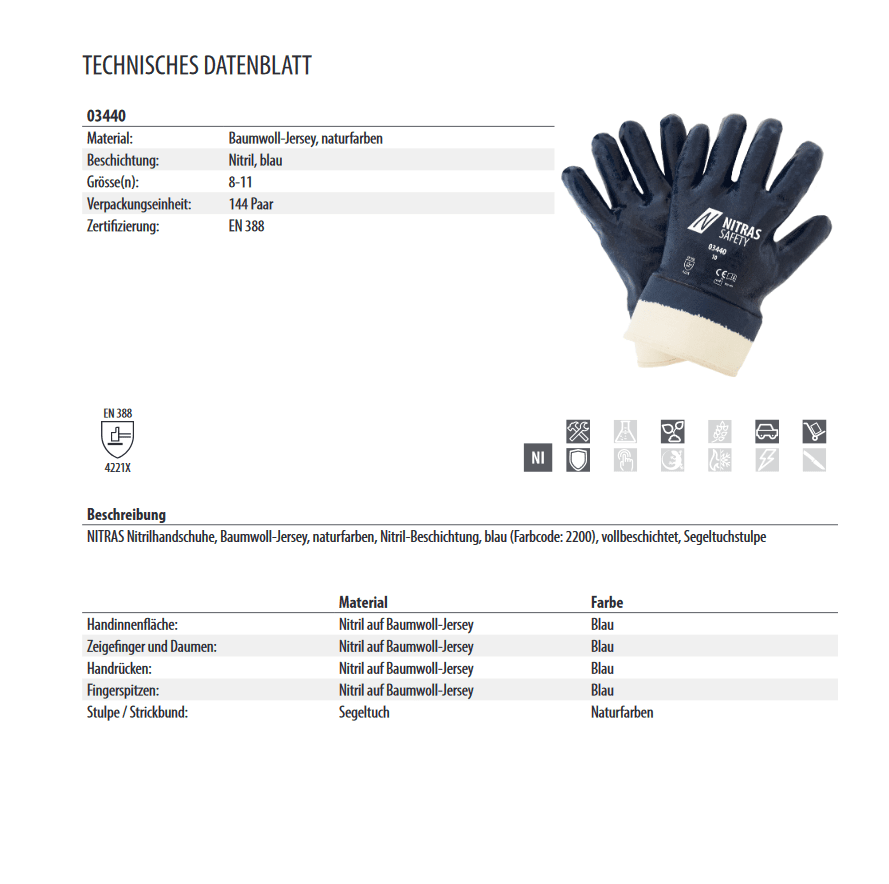 03440 Nitras Baumwoll-Jersey Handschuh Nitril-Vollbeschichtung Segeltuch 12 Paar Gr 8-11 horzefix