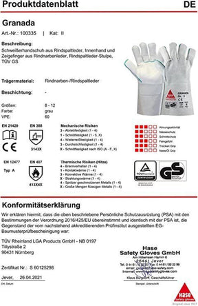 100335 Hase Granada- long 5-Fg Schweißerhandschuh hitzebeständig 6 Paar Gr 8-12 Hase Safety Gloves