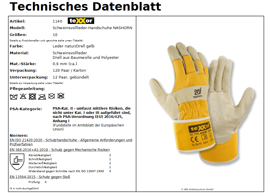 texxor 1140 Nashorn Schweinsvollleder 12 Paar Arbeitshandschuh Leder Gr 10