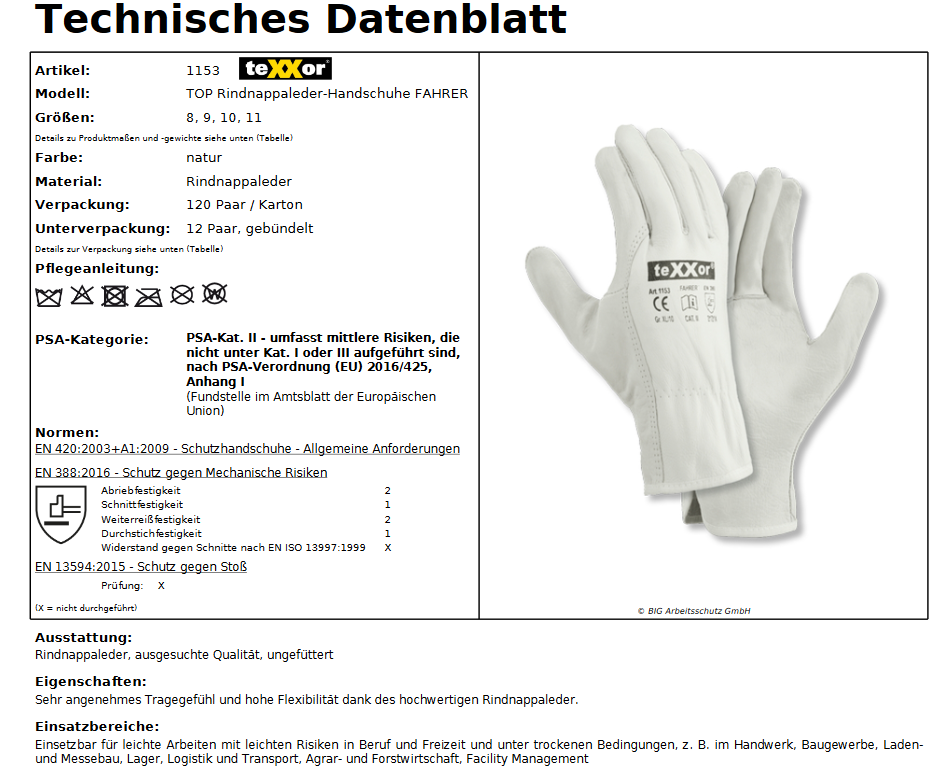 1153 texxor Handschuhe TOP Rindnappaleder Handschuhe Fahrer 120 Paar Gr. 8-11