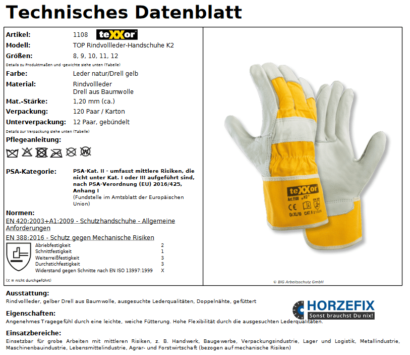 120 Paar 1108 texxor Rindvollleder Handschuh K2 Lederhandschuh EN 420 Gr 8-12 horzefix