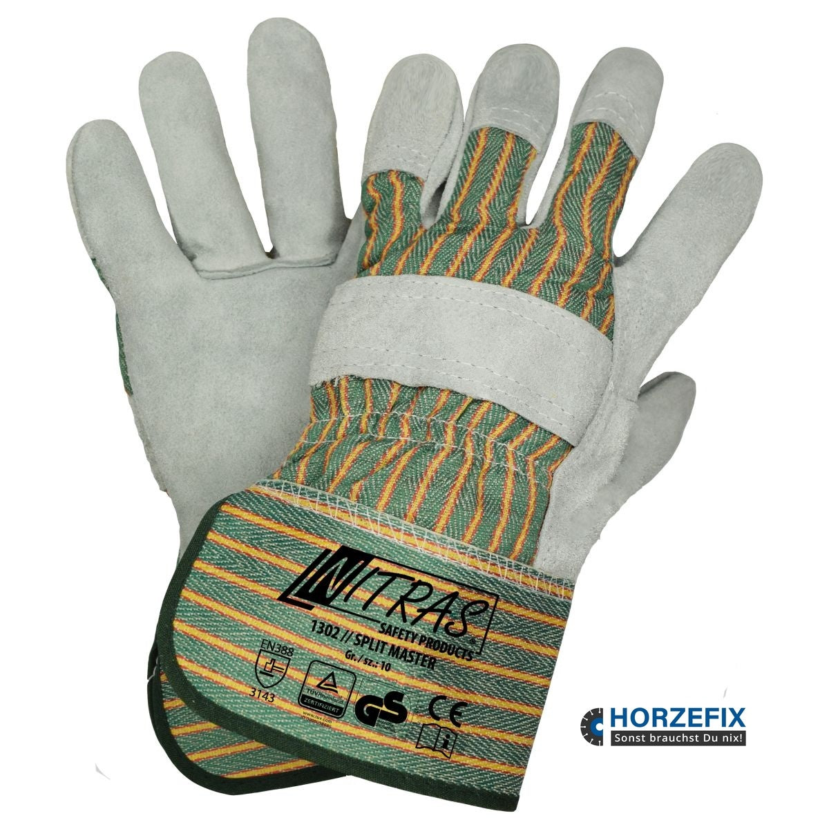 1302/120 Nitras SPLIT MASTER Rindspaltleder Handschuh mit Stulpe 1,2 mm grau 12 Paar Gr 10 horzefix