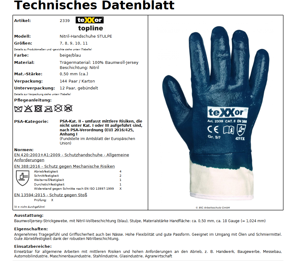 2339 teXXor Bau Nitrilhandschuh vollbeschichtet blau Stulpe 144 Paar Gr 7-11