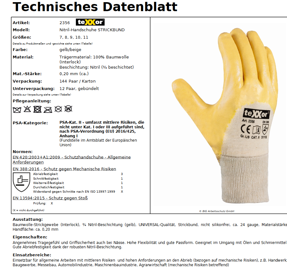 handschuhe klassifizierung 2356 texxor Nitrilhandschuhe 3/4 beschichtet Strickbund gelb Gr 7-11
