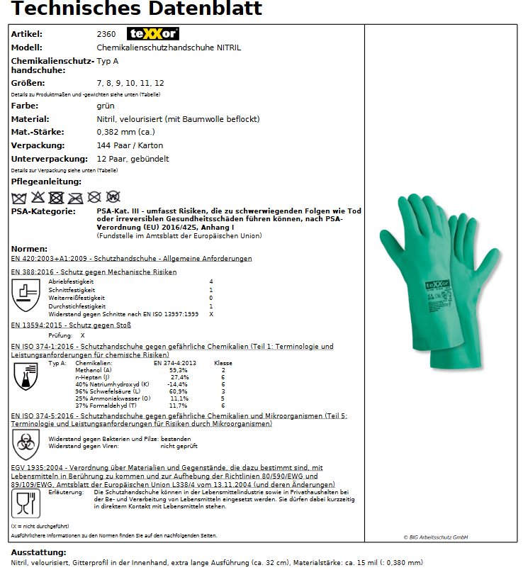 2360 teXXor Chemiehandschuh Nitril grün Lebensmittel geignet Gr 7-12