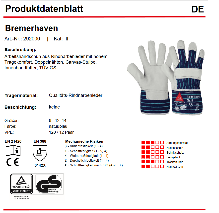 292000 Hase Bremerhaven Lederhandschuh Canvas-Stulpe 12 Paar Gr 6-12 Hase Safety Gloves