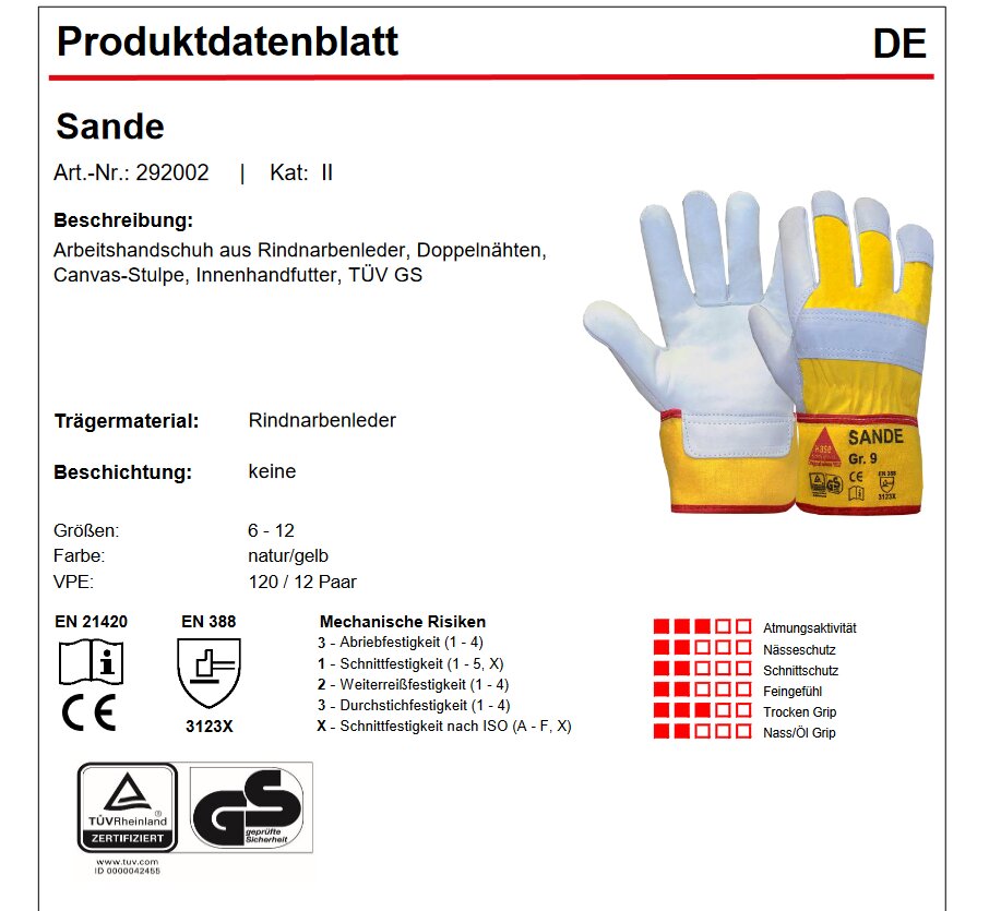 292002 Hase Sande gelb Arbeitshandschuh Lederhandschuhe 12 Paar Gr 8-12 Hase Safety Gloves