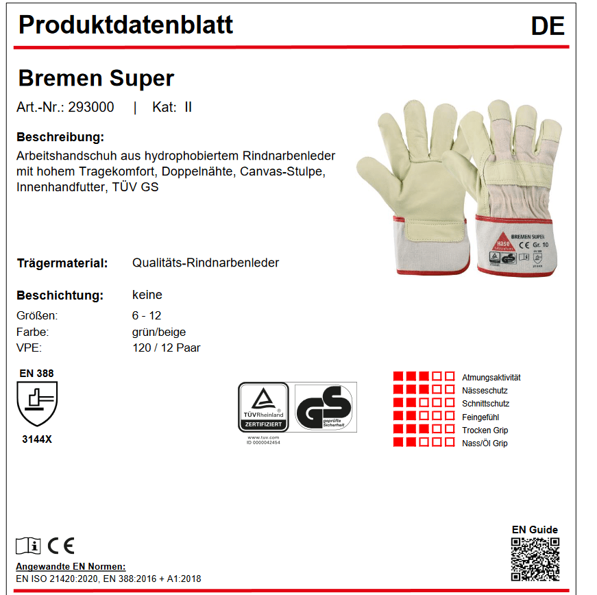 293000 Hase Leder-Arbeitshandschuhe BREMEN-SUPER 5-Fg.-Vollleder 12 Paar Gr 6-12 Hase Safety Gloves