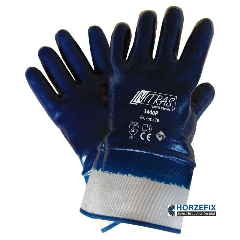 3440P Nitras Nitrilhandschuhe Baumwoll-Jersey vollbeschichtet Stulpe blau 12 Paar Gr 10-11 horzefix