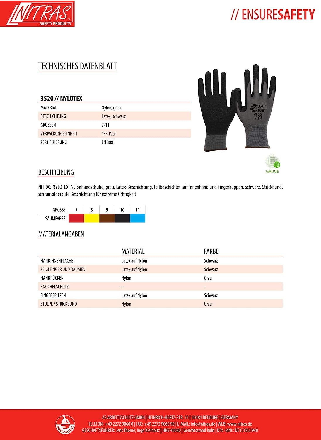 3520 Nitras Nylotex Nylon-Latexhandschuh Arbeitshandschuhe extrem Grip