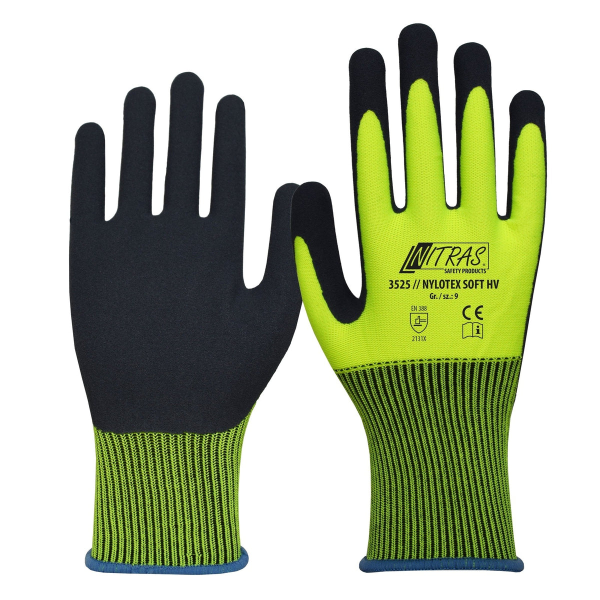 3525 Nitras Schutzhandschuhe Nylotex Soft HV Gartenhandschuh/ Bauhandschuh/Signalfarbe/weich/rutschfest/Latex 12 Paar Gr 7-12 horzefix