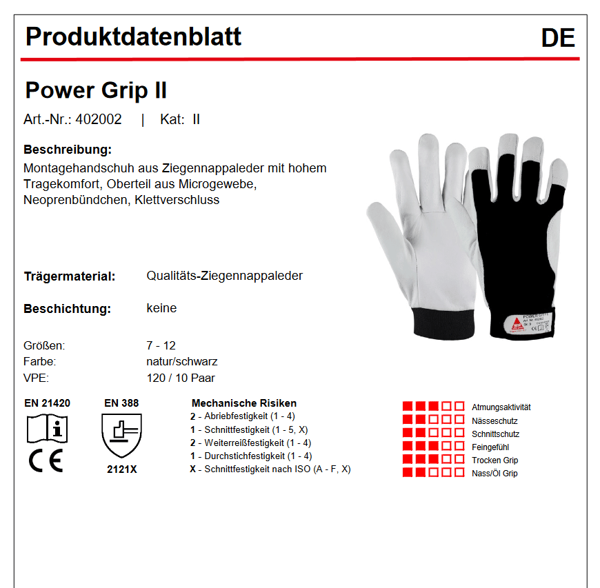 402002 Hase Montagehandschuh Power Grip II Ziegennappaleder Klettverschluss Gr 7-12 Hase Safety Gloves