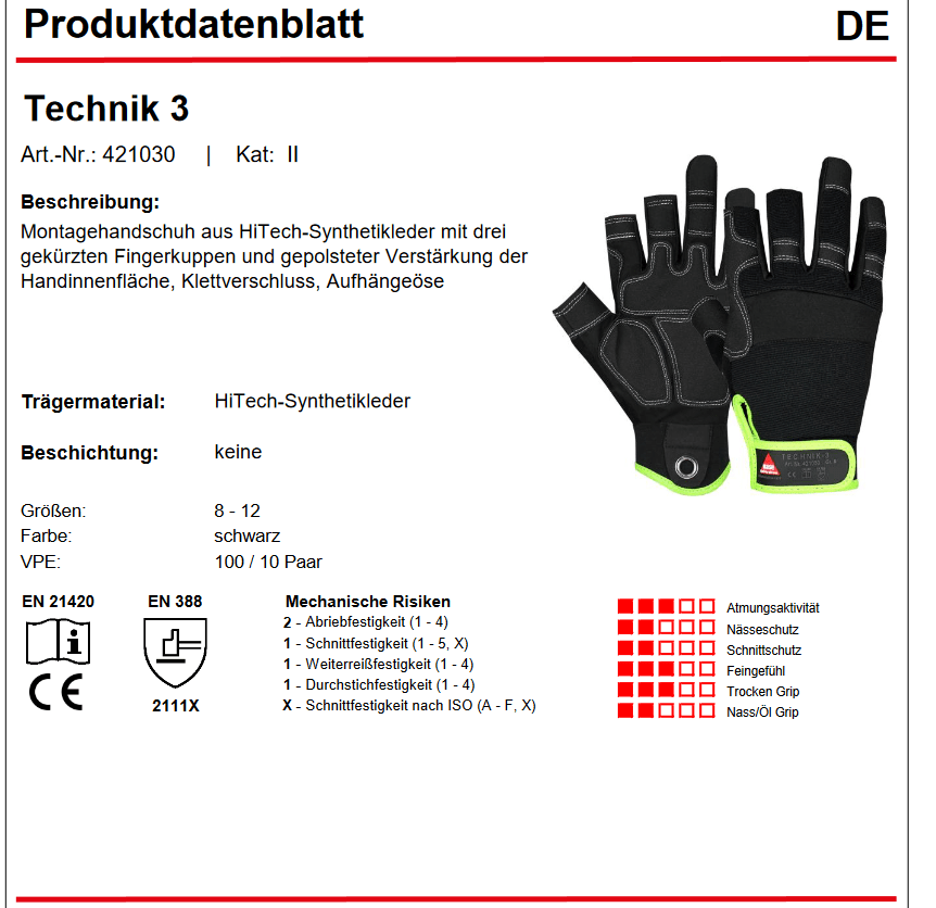 421030 Hase Technik 3 Fingerhandschuh Klett HiTech-Synthetikleder 1 Paar Gr 8-12 Hase Safety Gloves