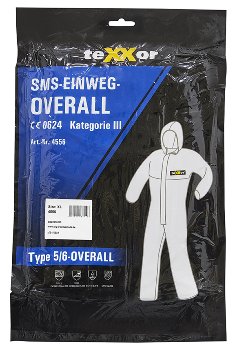 teXXor SMS Einweg Overall Typ 5/6 Antistatischer Schutzanzug Weiß Kategorie III
