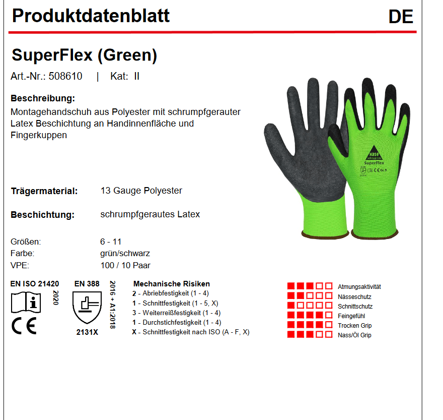 508610 Hase Superflex green Montagehandschuh Polyester/Latex 10 Paar Gr 6-11 Hase Safety Gloves