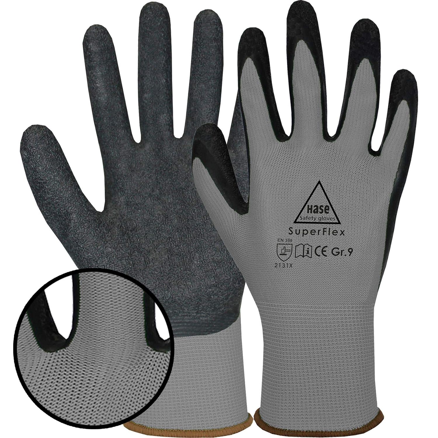 508610 Hase Superflex grey Montagehandschuh Polyester/Latex 10 Paar Gr 6-11 Hase Safety Gloves