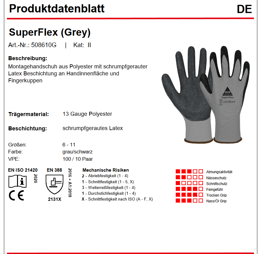 508610 Hase Superflex grey Montagehandschuh Polyester/Latex 10 Paar Gr 6-11 Hase Safety Gloves