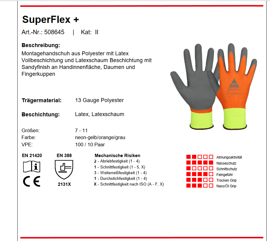 508645 Hase Superflex + Montagehandschuh Latex orange vollbeschichtet 10 Paar Gr 7-11 Hase Safety Gloves