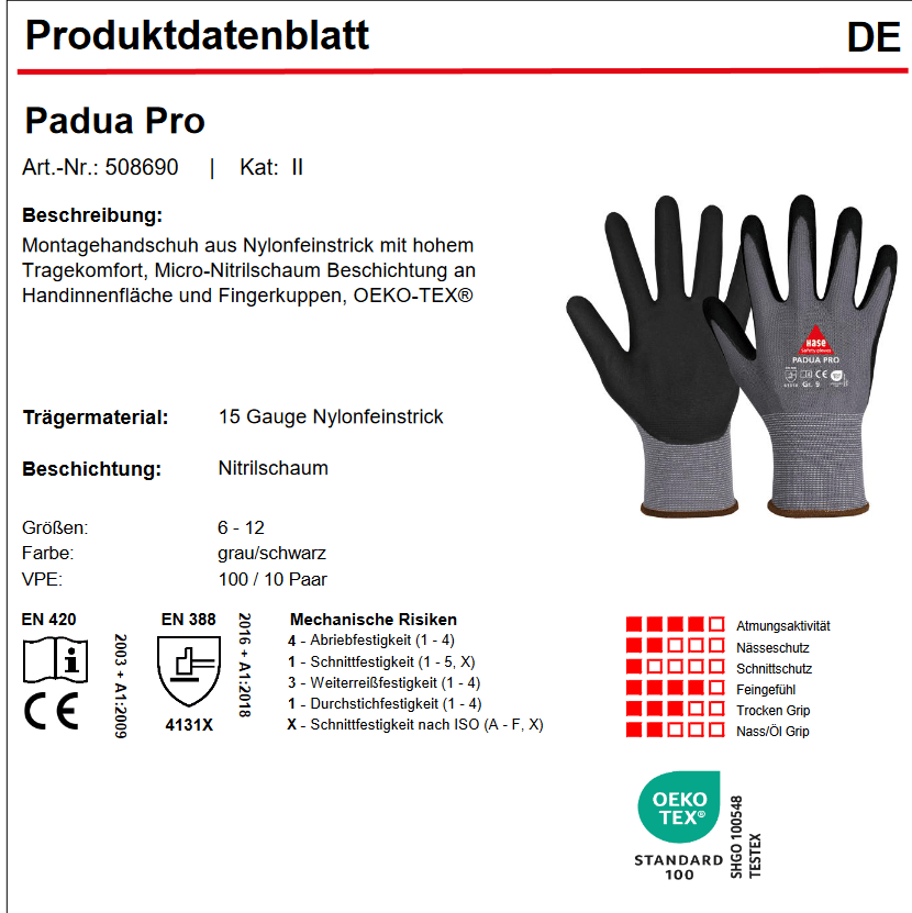 508690 Hase Padua Pro Montagehandschuh aus Nylon/Micro-Nitrilschaum 10 Paar Gr. 6-11 horzefix