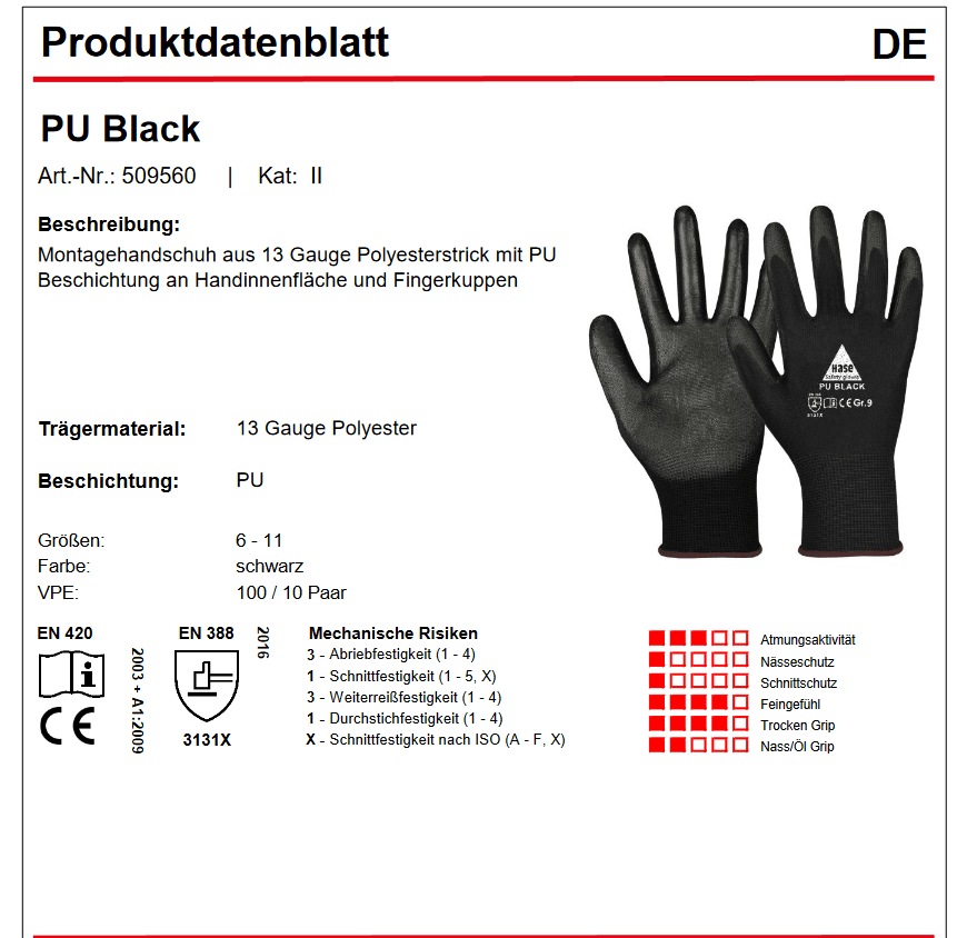 509560 Hase PU Black Montagehandschuh Nylon Polyester PU 10 Paar Gr 6-11 Hase Safety Gloves