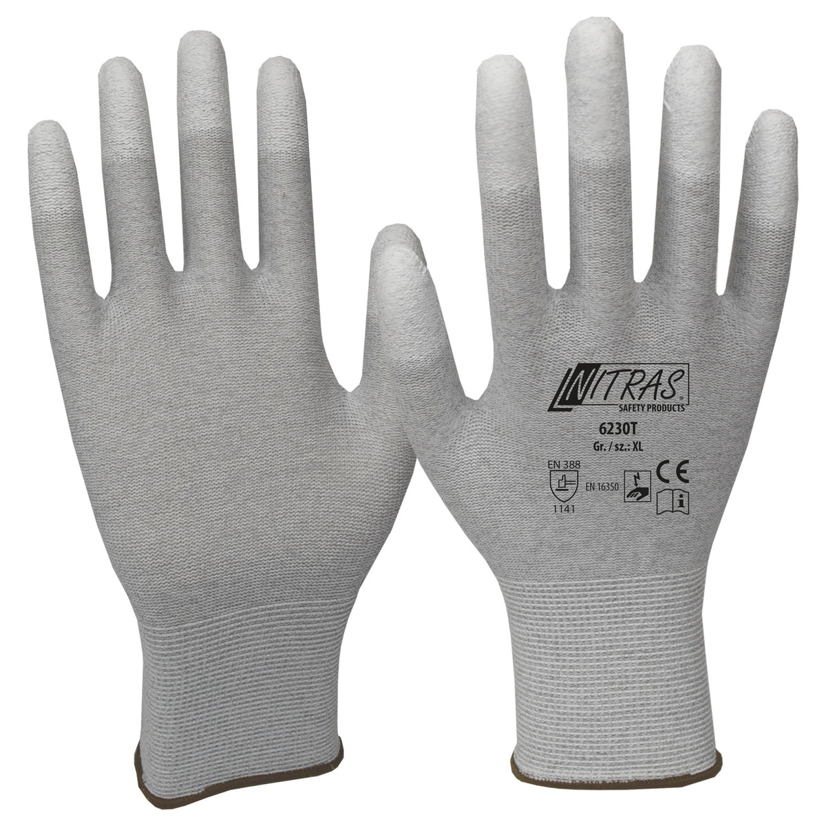 6230T Nitras Antistatikhandschuh Nylon Carbon Strick grau PU beschichtet 12 Paar Gr 5-11 horzefix