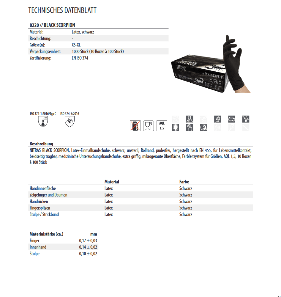 8220 Nitras black Scorpion latex schwarz Einmalhandschuhe puderfrei Lebensmittkontakt 1 Box 100 Stück Gr XS-XL horzefix