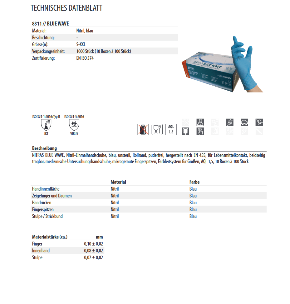8311 Nitras blue wave nitril Einmalhandschuhe blau puderfrei 10 Boxen je 100 Stück GrS-2XL horzefix