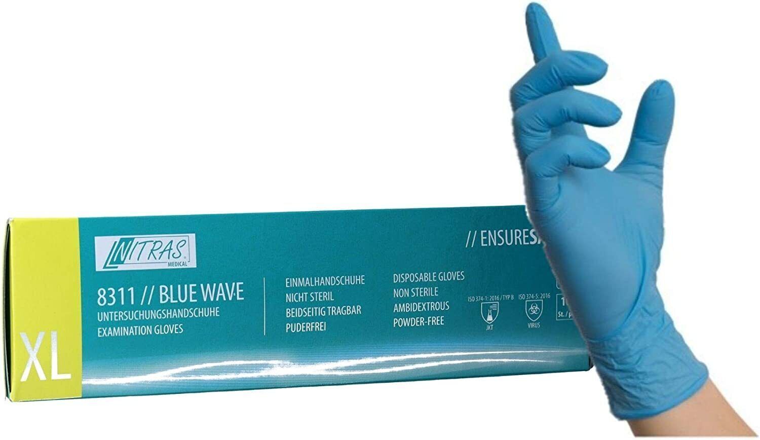 8311 Nitras blue wave nitril Einmalhandschuhe blau puderfrei 10 Boxen je 100 Stück GrS-2XL horzefix