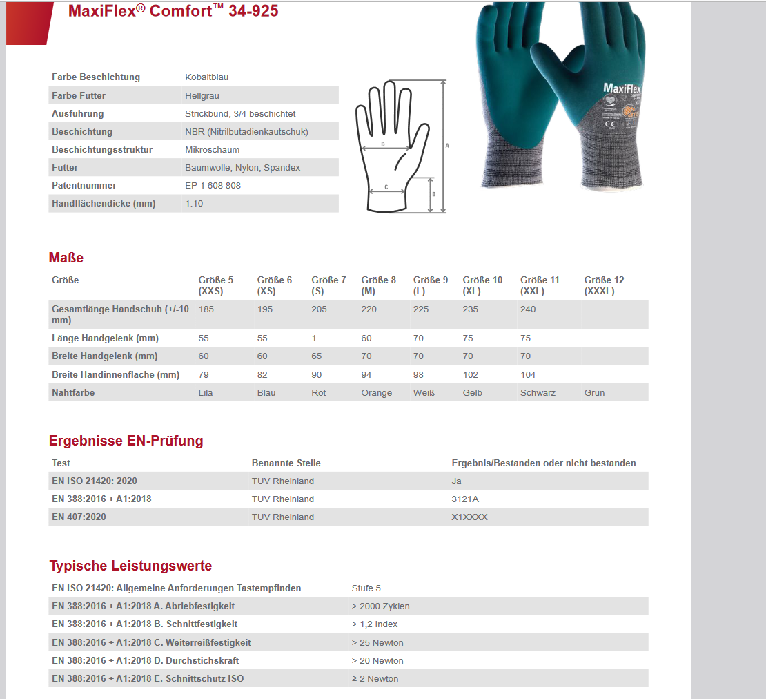 34-925 Comfort ATG MaxiFlex Baumwoll/Nylon-Strickhandschuhe 144 Paar Gr 6-11