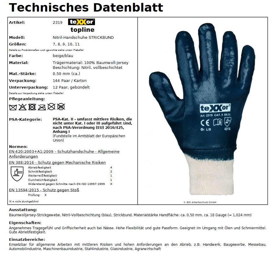 texxor 2319 Nitrilhandschuhe volbeschichtet blau Strickhandschuh 12 Paar Gr 7-11