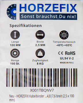 HorzeFix Kabelbinder 100 Stück weiß wetterfest lang uv beständig Universalbinder 2,5/3,6/4,8/7,6 breit horzefix